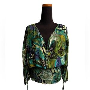 GEORGIU STUDIO floral women’s green V neck flutter sleeve ruched XS boho top EUC